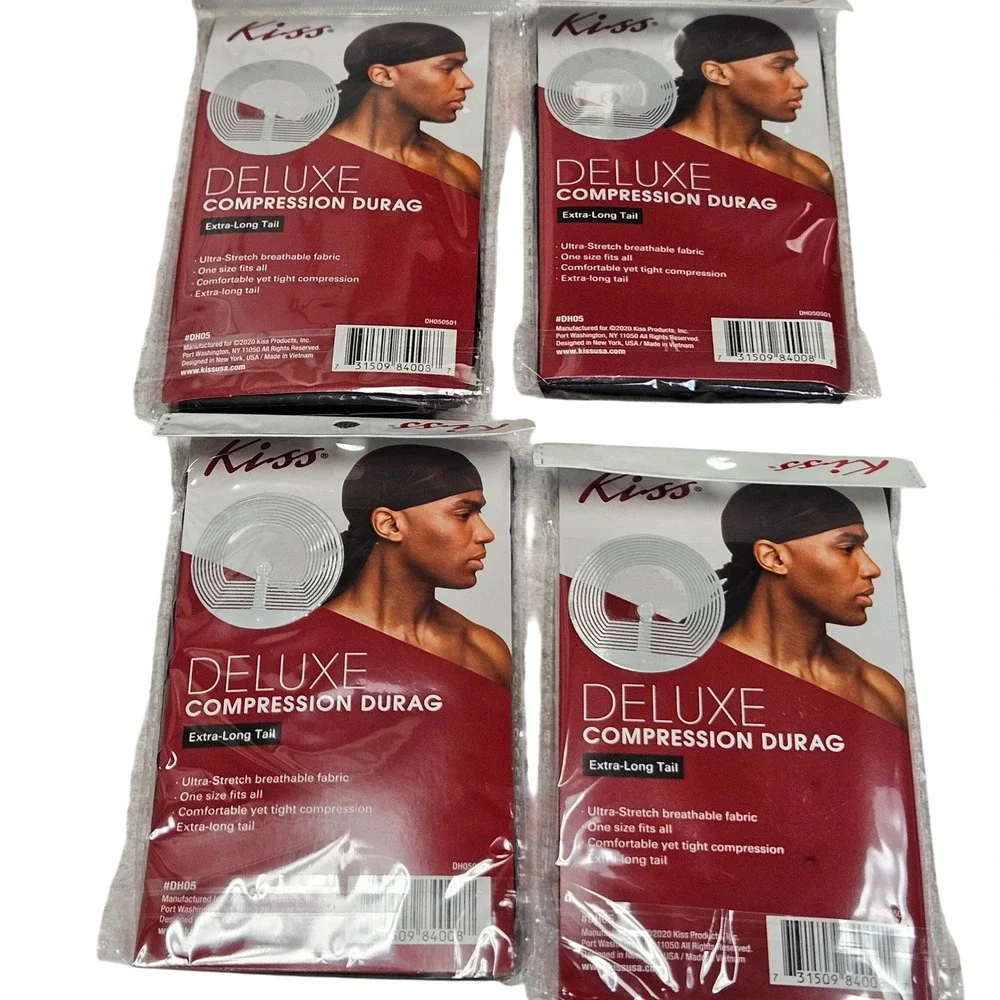 Kiss Compression Durag Men OS Black 4 Pack Silky Soft Extra Long Tail Wave Cap